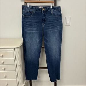 Kut from the Kloth size 14 stretchy Blue Ankle Jeans. Distressed at bottom.